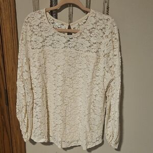 Maurices Cream Floral Lace Long-Sleeve Blouse
